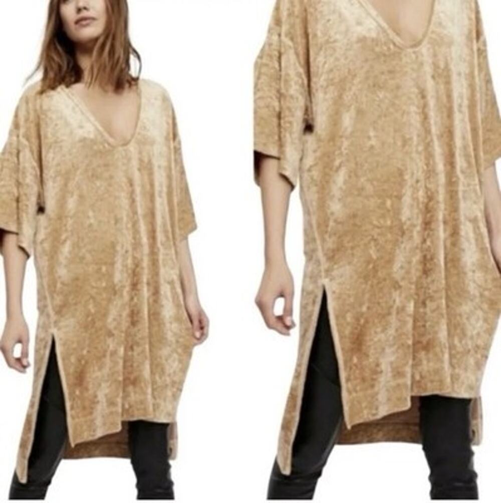 FREE PEOPLE We The Free Gold Luxe Velvet V-Neck Tunic Top/Dress Sz XS Oversized
